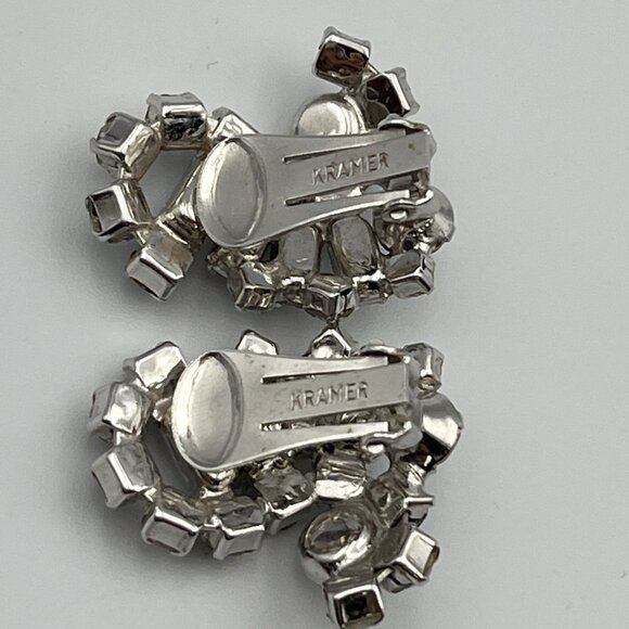 Vintage Kramer Of NY Rhinestone Clip Earrings Baguette Marquise Silver Tone EUC - Picture 4 of 6